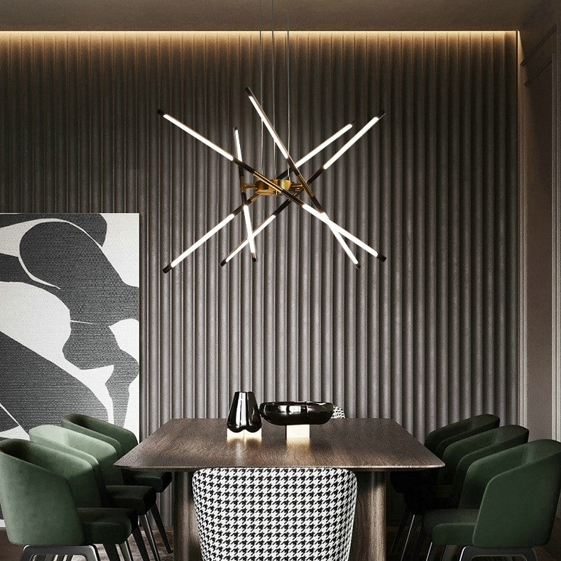 Suspension LED design à tubes entrecroisés, métal noir et or ou doré