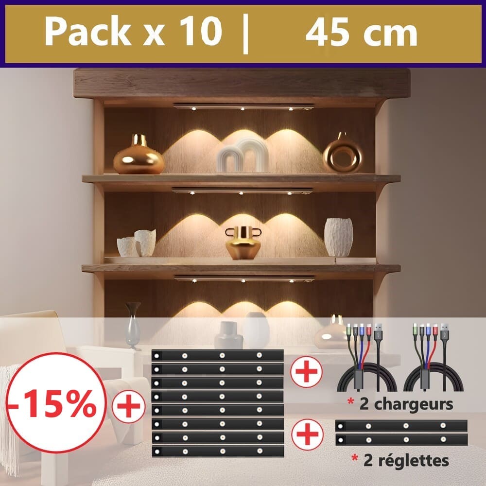 Pack 10 réglettes sans fil 45cm + 2 x Multi USB-C Offerts