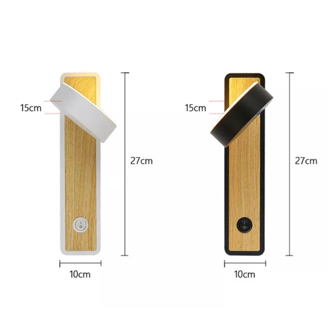 Lampe de chevet murale en bois avec interrupteur et tête rotative