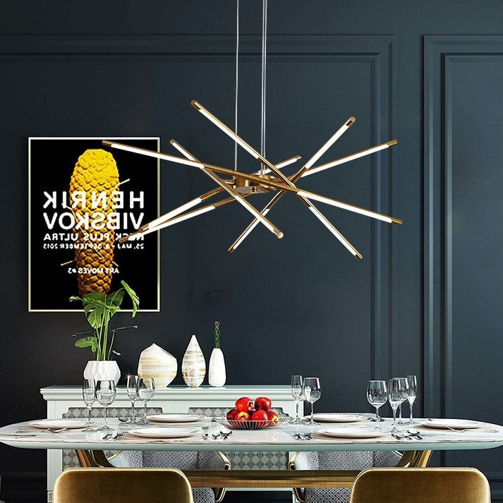 Suspension LED design à tubes entrecroisés, métal noir et or ou doré