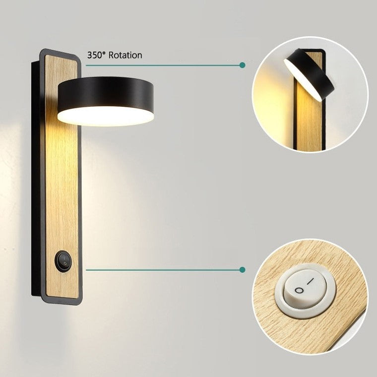 Lampe de chevet murale en bois avec interrupteur et tête rotative