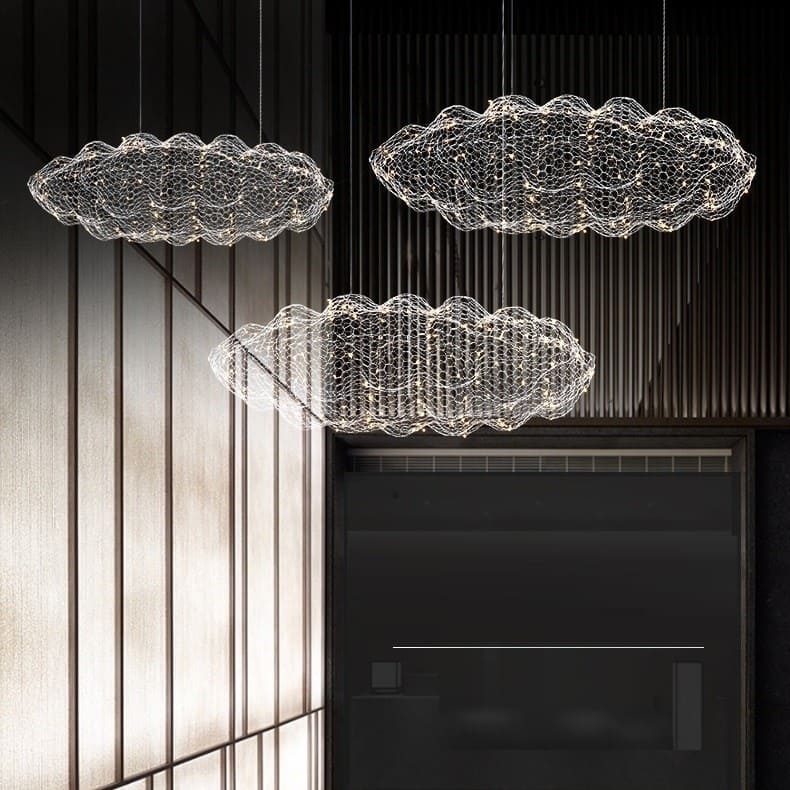 Lustre en forme de nuage, en maille métallique or ou argent