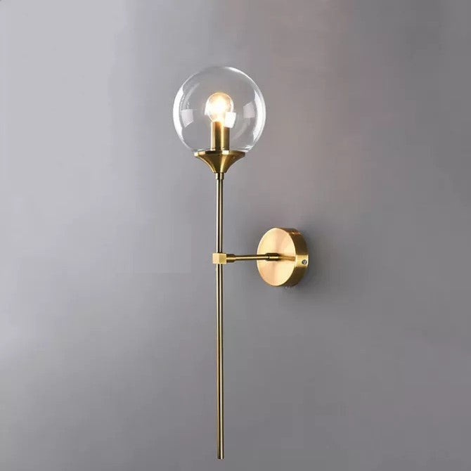 Applique murale métallique dorée avec boule en verre, gris fumé ou transparent