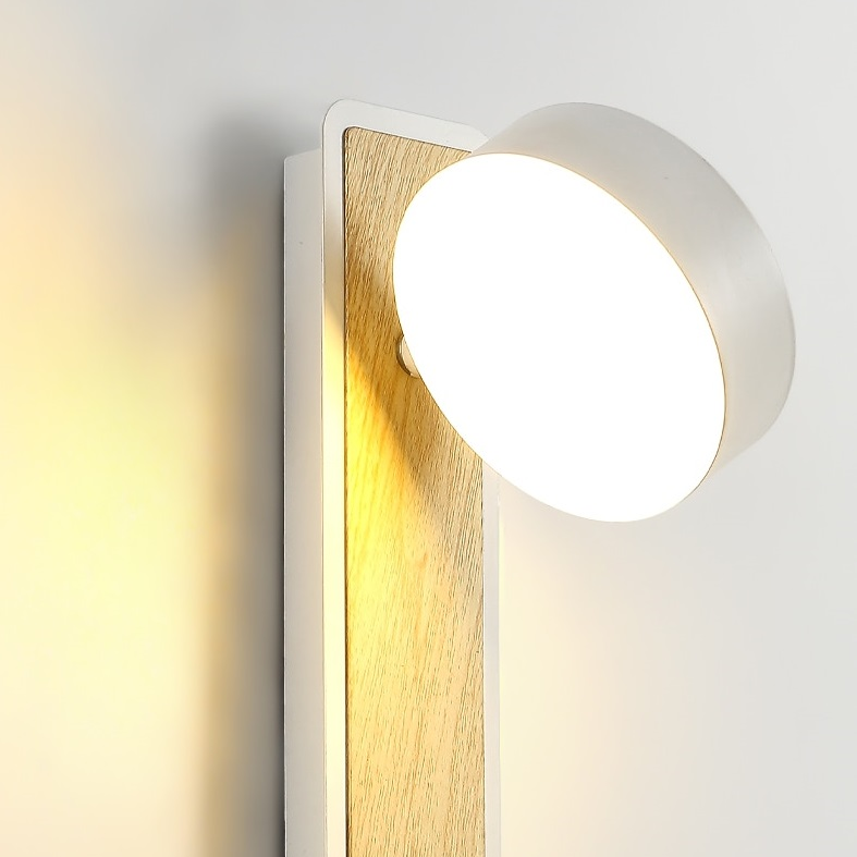 Lampe de chevet murale en bois avec interrupteur et tête rotative
