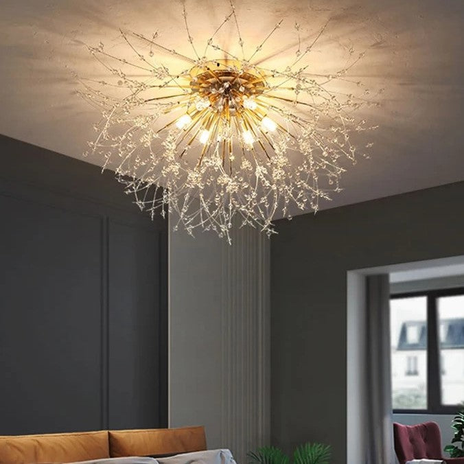 Plafonnier métal et perles de cristal en forme de pissenlit