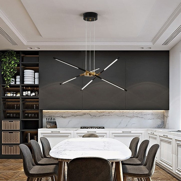 Suspension LED design à tubes entrecroisés, métal noir et or ou doré