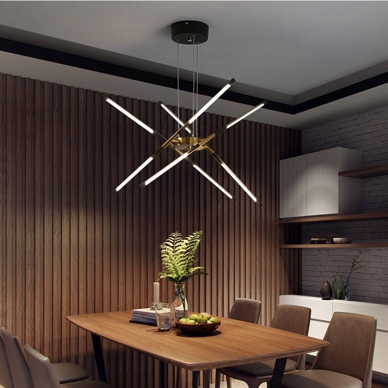 Suspension LED design à tubes entrecroisés, métal noir et or ou doré