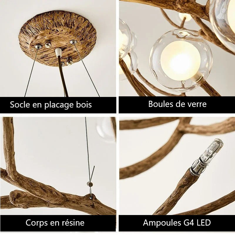 Lustre branche d’arbre orné de boules de verre