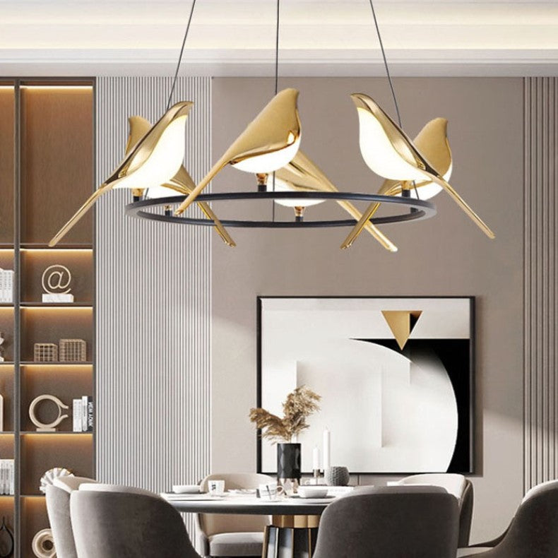 Lustre LED design oiseaux dorés