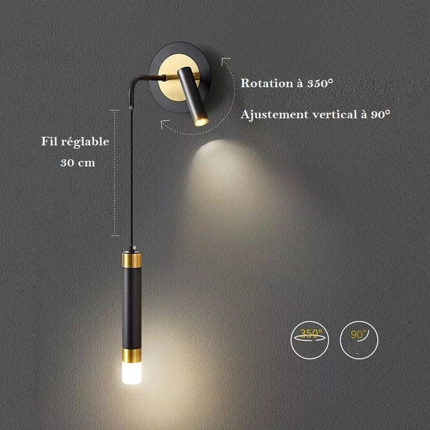 Applique murale pendante en aluminium noir et or au design moderne et minimaliste