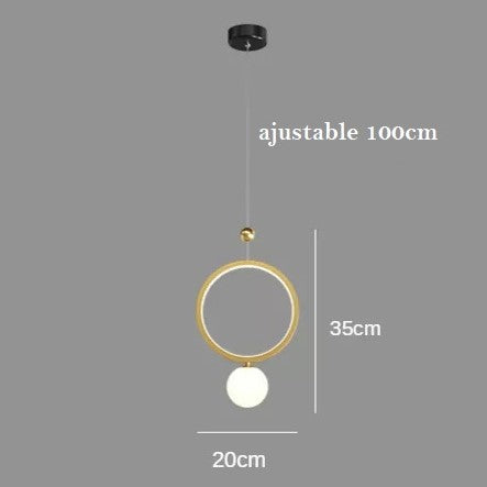 Suspension boule de verre et or avec anneau doré à LED au design moderne