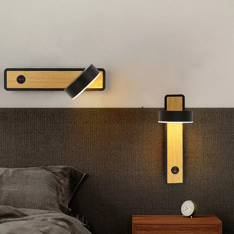Lampe de chevet murale en bois avec interrupteur et tête rotative