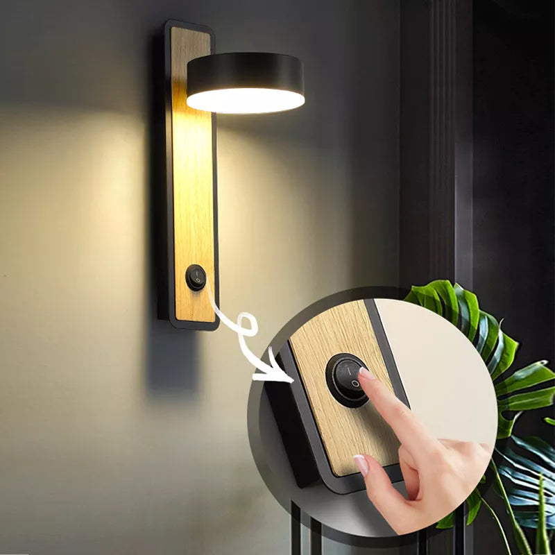 Lampe de chevet murale en bois avec interrupteur et tête rotative
