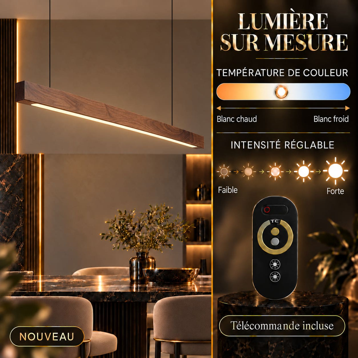 Suspension LED style bois de noyer ou de sapin | Design rectiligne & minimaliste