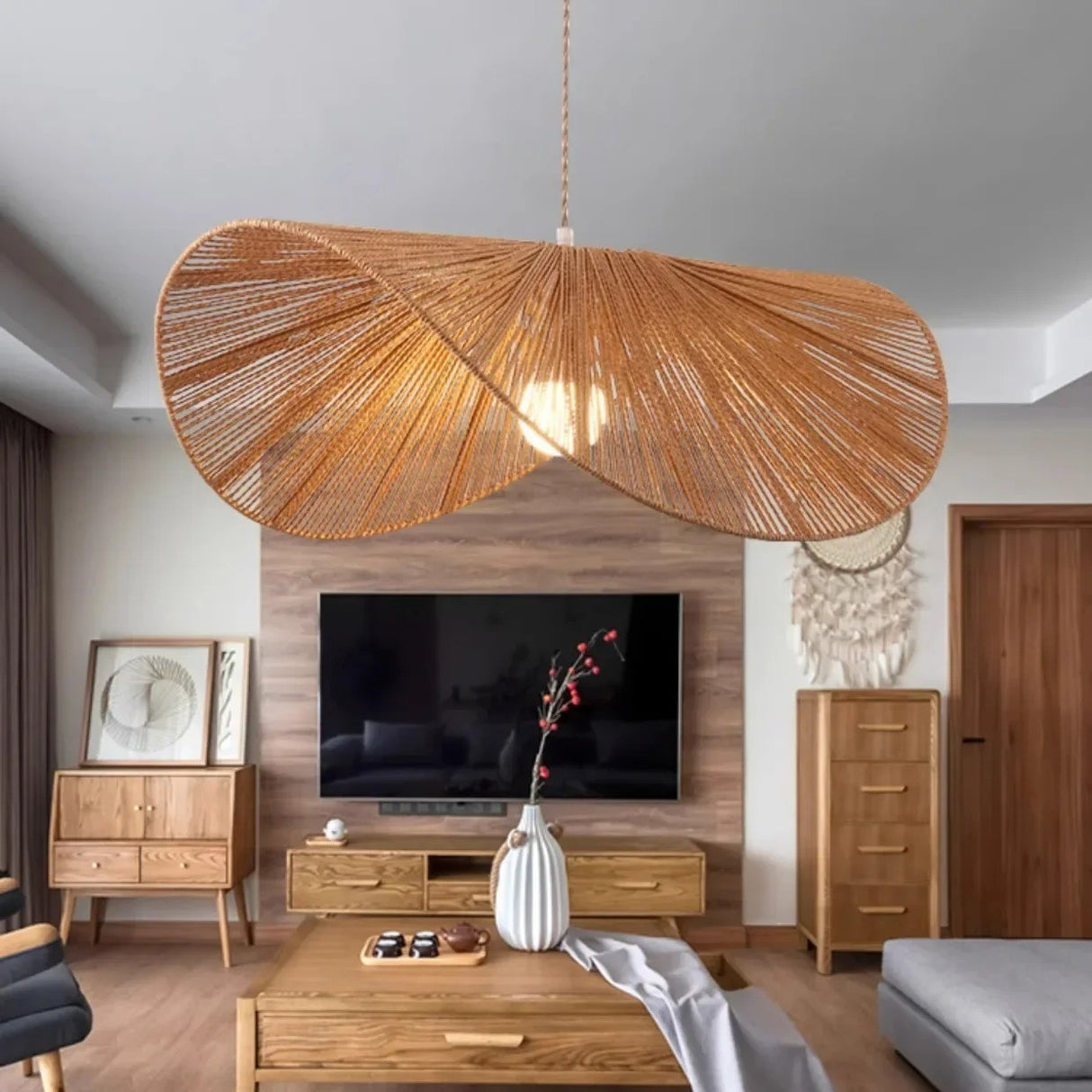 Suspension corde naturelle rotin | Style wabi sabi