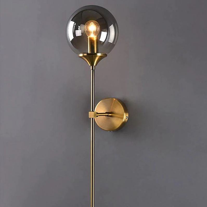 Applique murale métallique dorée avec boule en verre, gris fumé ou transparent