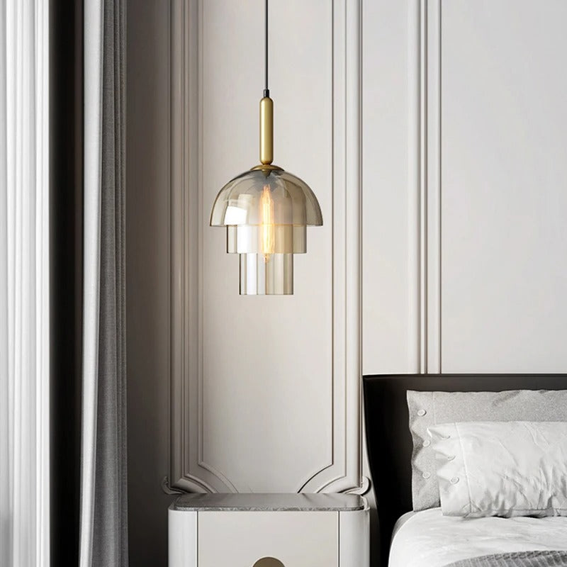 Suspension dorée en verre fumé transparent au style industriel et vintage