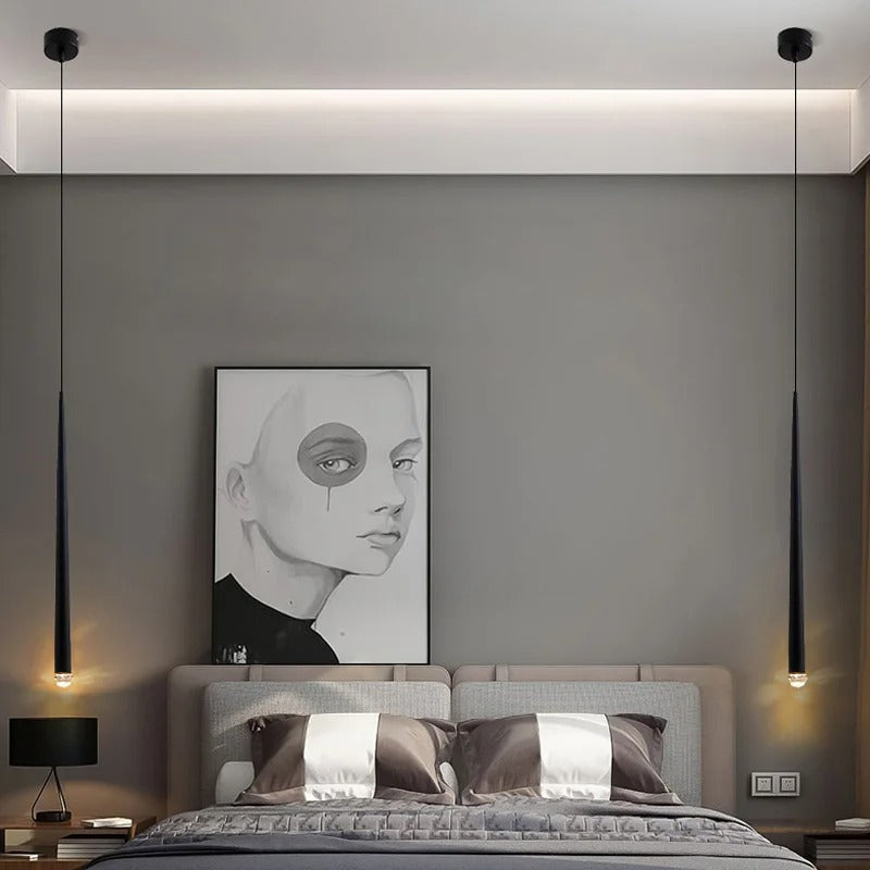 Suspension / Lustre pendant de chevet en aluminium noir et or au design minimaliste et moderne en forme de tube métal