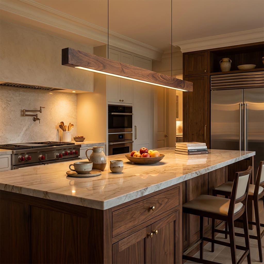 Suspension LED style bois de noyer ou de sapin | Design rectiligne & minimaliste